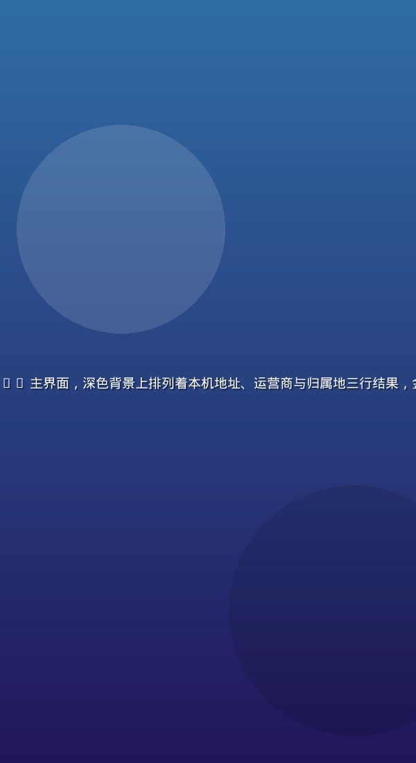 手机竖屏展示 ip App 主界面，深色背景上排列着本机地址、运营商与归属地三行结果，金色高亮数字清晰醒目